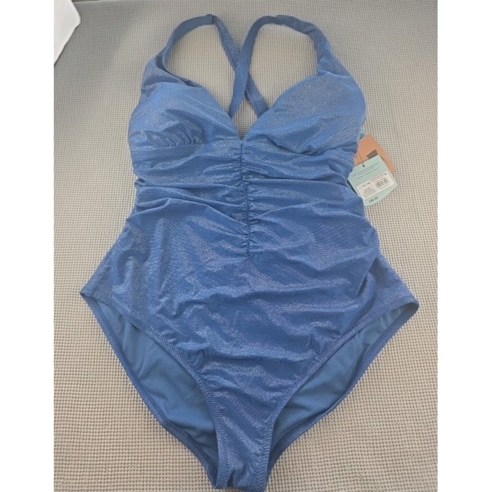 Shade & Shore Womens Blue Sparkle Full Coverage‎ One Piece Swimsuit LG  (522)
